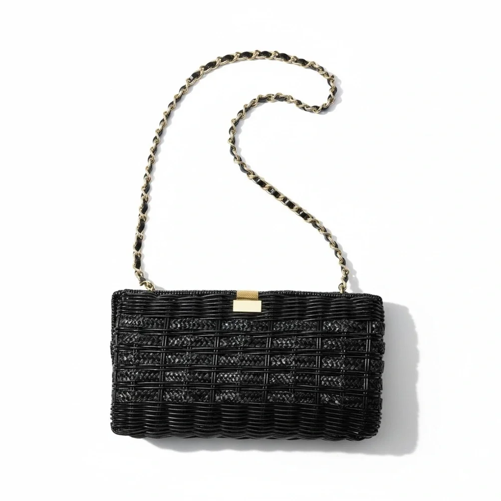 Vintage Black Woven Chain Strap Evening Purse Gold Hardware Clutch Crossbody